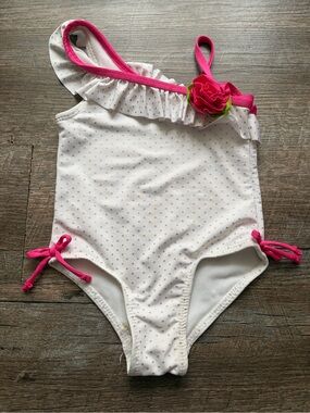 🌸 $10 SALE 🌸 Penelope Mack White Swimsuit with Pink Trim & Flower